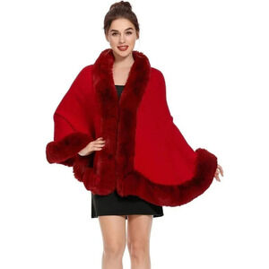 Zlyc Women Winter Faux Fur Shawl Stole Warm  Wrap Cape - Red